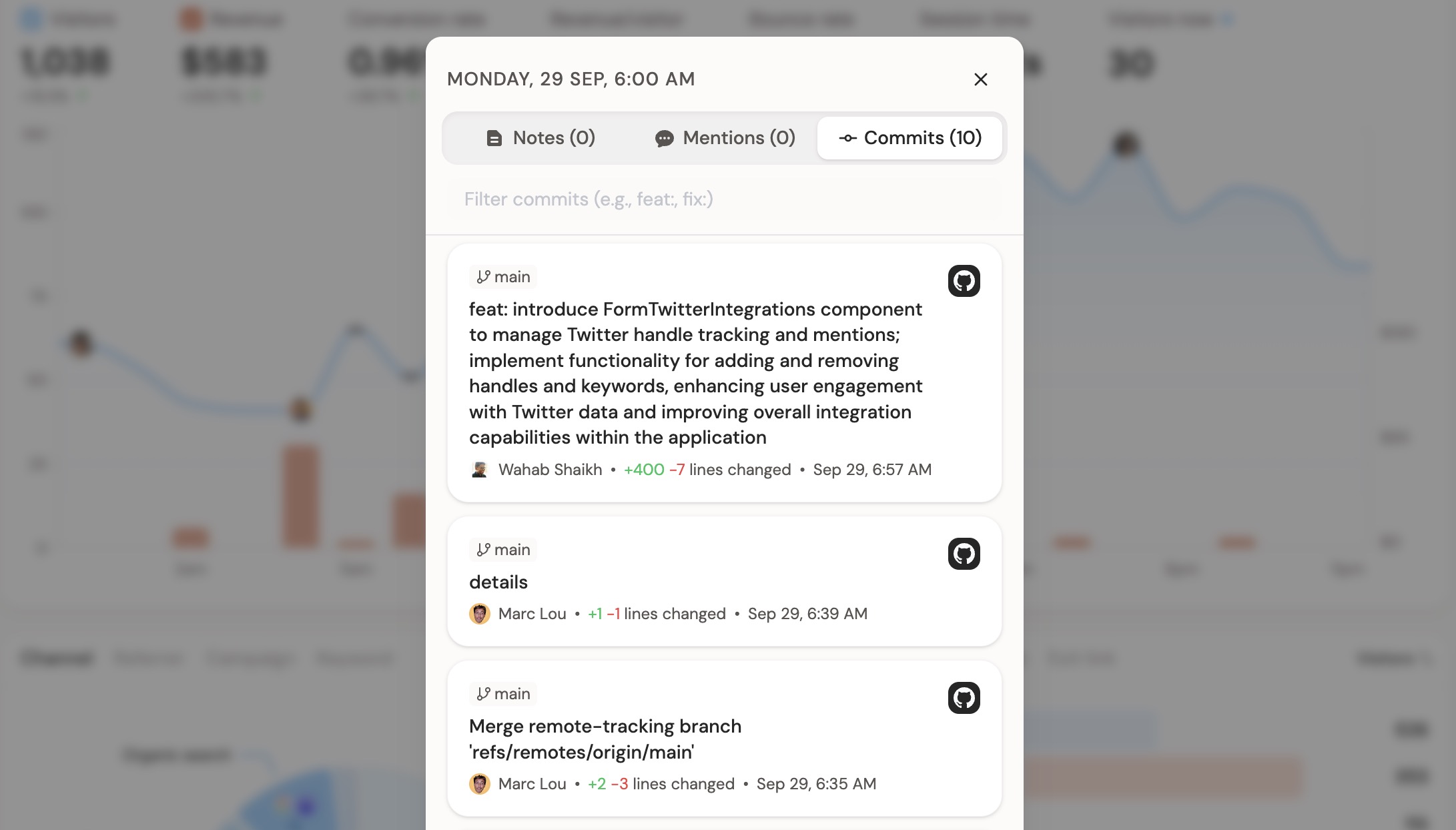 DataFast's modal with GitHub commits