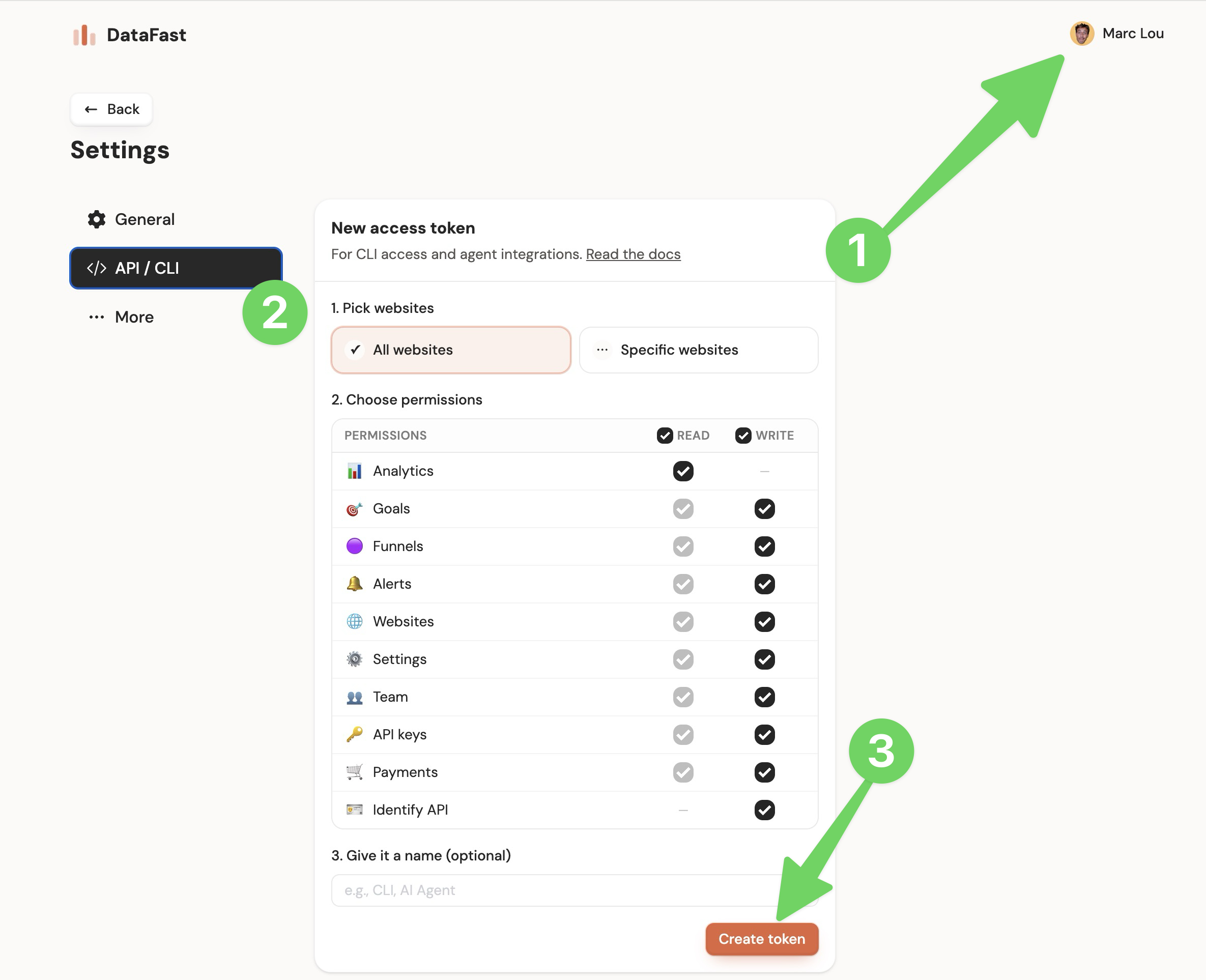 Create a DataFast account API token